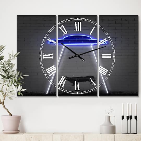 Designart Neon UFO Abducting Cow Modern 3 Panel Large Wall Clock